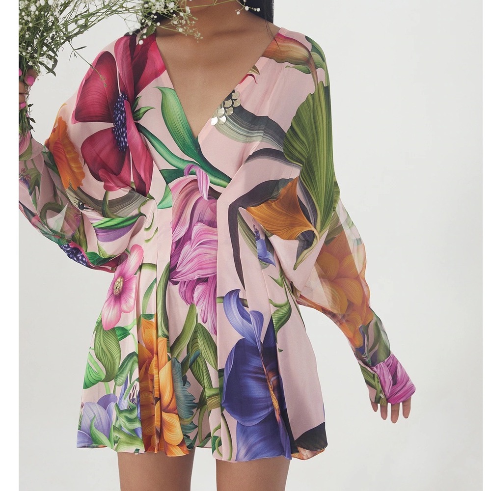 Limerick by Abirr N Nanki Pink Floral Embroidered Draped Mini Dress Small - Picture 2 of 10